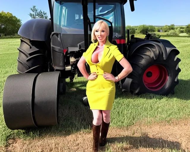 Image similar to Piper Perri wearing a conservative outfit working on a tractor in the summer heat