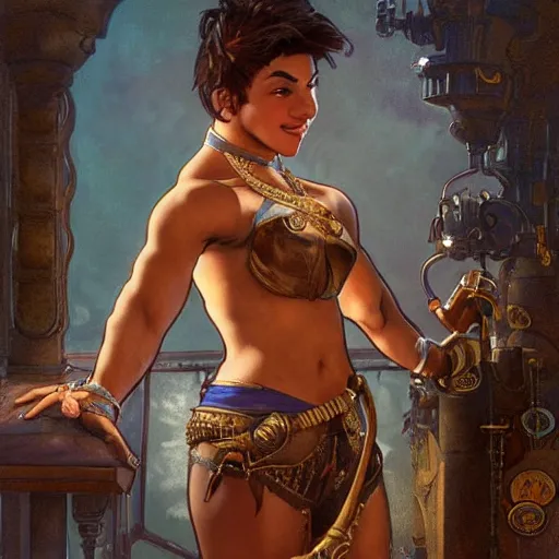 Prompt: a short young genie, with spikey short brown hair, brown skin, abs, a confident smile, emerging from her lamp and flexing her bicep, photorealistic, 25mm f/1.7 ASPH Lens, ultra realistic steampunk illustration, art by greg rutkowski and alphonse mucha
