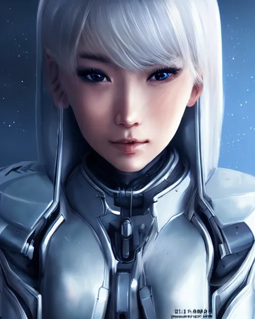 Image similar to detailed portrait of perfect android girl, warframe armor, beautiful face, scifi, futuristic, space station, laboratory, song hye - kyo, dreamy, long white hair, blue cyborg eyes, cinematic lighting, innocent, highly detailed, sharp focus, smooth, artstation, intricate, award winning, pure aura, divine, by akihiko yoshida