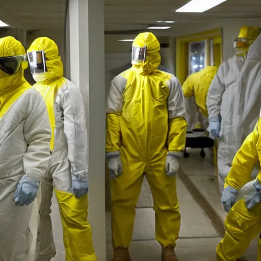 Prompt: 3 people in hazmat suits in a space which resembles the back rooms of a retail outlet, spanning approximately 600 million square miles. All rooms throughout Level 0 share the same superficial aspects: mono-yellow wallpaper, old moist carpet, and inconsistently placed fluorescent lighting. Beyond these main features, no two rooms are identical. 4k, HD, photorealistic