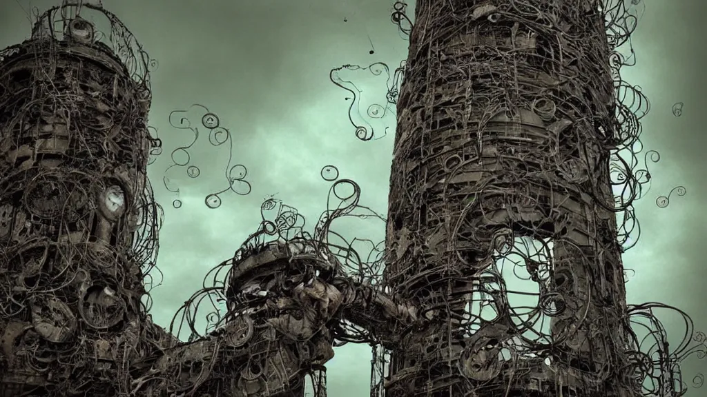 Image similar to bio-organic fleshy detailed machine tower! with tendrils!! and one eyeball!!! at the top, looking over a stormy post-apocalyptic wasteland, dystopian art, wide lens