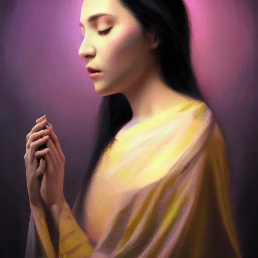 Image similar to Masterpiece portrait of an aesthetic beautiful! realistic black haired priestess, 30 years old woman, praying, soft cinematic light, digital painting by WLOP, atmospheric effects, fireflies, 4K, octane render, artstation, deviantart, closer view, dark purple blue tones