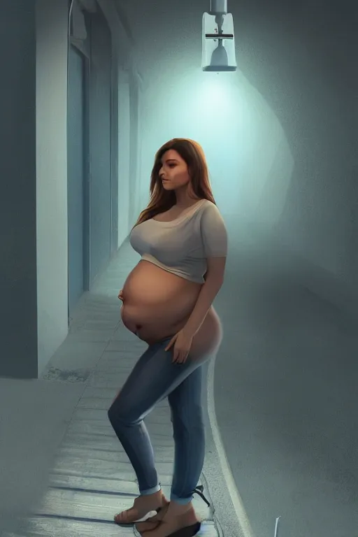 Prompt: pregnant woman under street light, highly detailed, sharp focused, ultra realistic digital concept art by Nikolai Shurygin