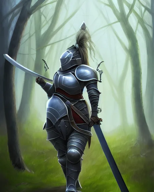 Prompt: concept art of a thicc female knight, wearing heavy medival knight armor, holding a long sword, walking through a foggy oak forest | | epic - fine - clean, polished, trending on artstation, brush strokes