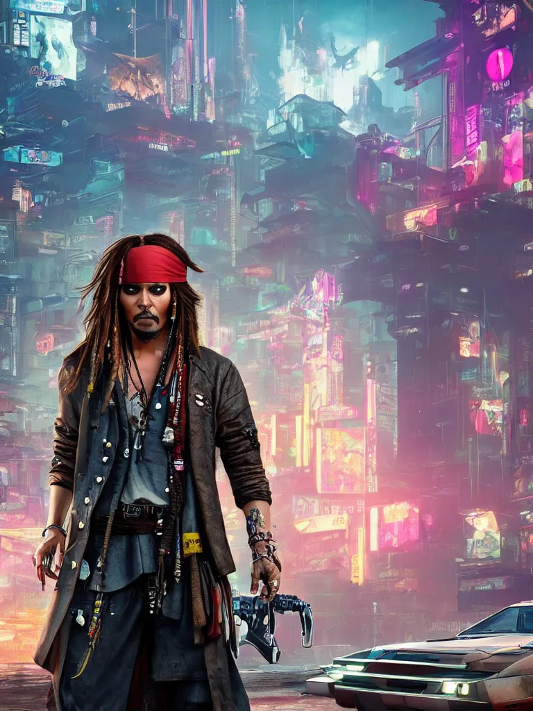 Prompt: jack sparrow in the game of cyberpunk 2 0 7 7, portrait, focus, 3 d illustration, sharp, intricate, poster, jack sparrow standing in front of the futuristic car, night city dystopian cyberpunk city in the background, photo, 3 d super render