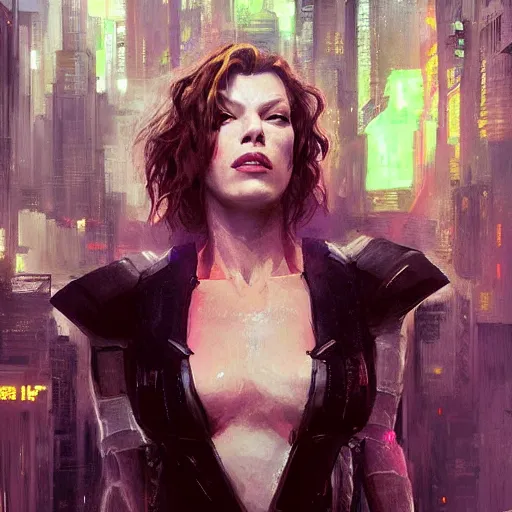 Image similar to milla jovovich portrait in the foreground of art by greg rutkowski scifi sharp neon city