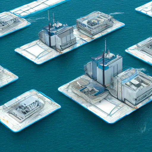 Prompt: Concept art of several separated isolated industrial rooms floating in the ocean, middle point of view, Pompidou, Renzo piano, cinematic light, 8k, hyper realistic, unreal engine 5