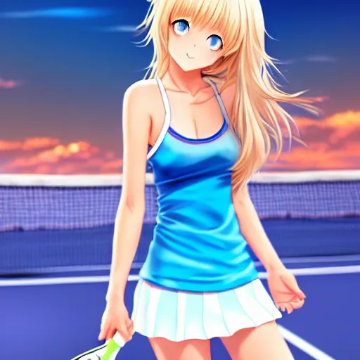 Image similar to a very beautiful young anime tennis girl, full body, long wavy blond hair, sky blue eyes, ( ( ( full round face ) ) ), short smile, bikini, miniskirt, front view, mid - shot, highly detailed, cinematic wallpaper by stanley artgerm lau