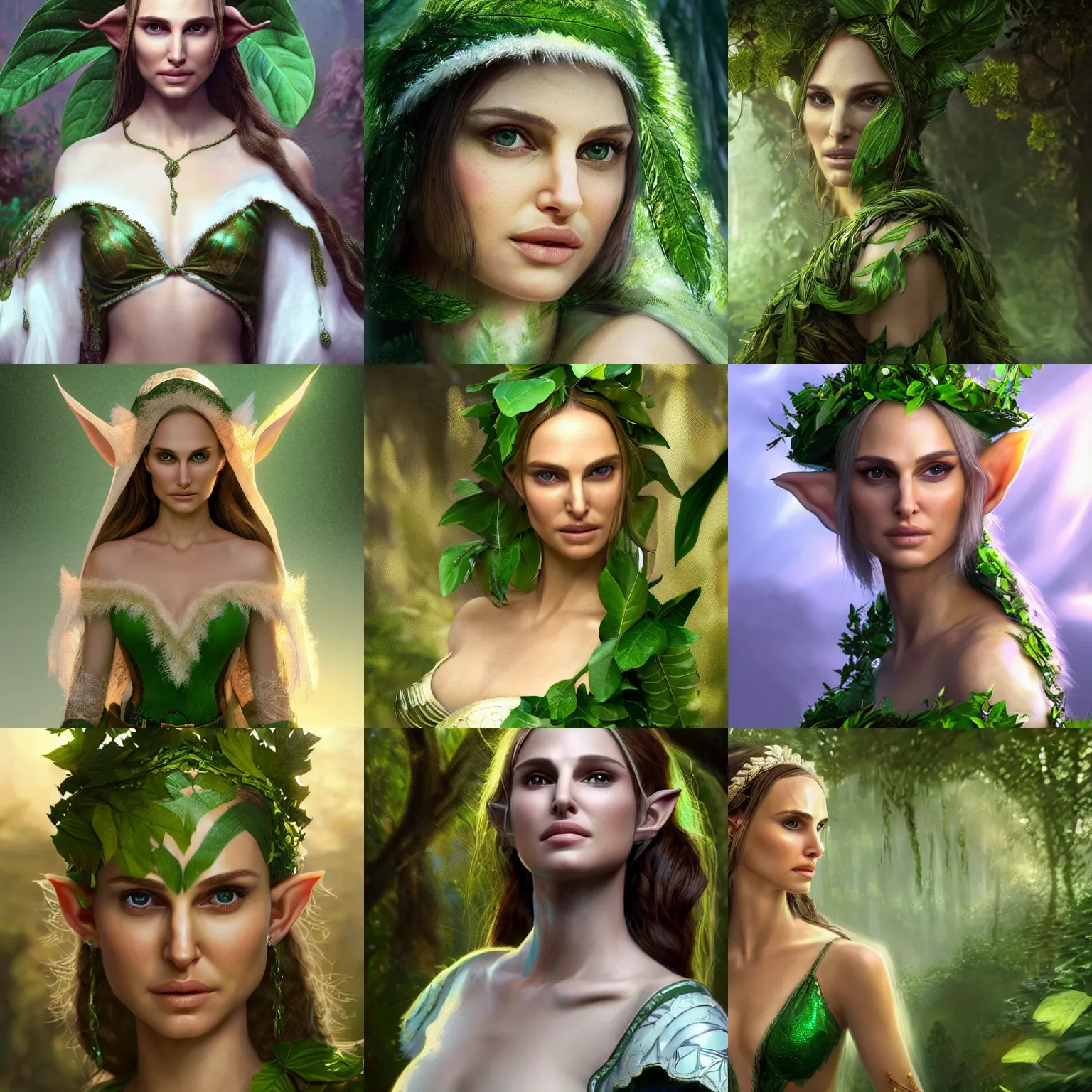 Prompt: a highly detailed photo of a beautiful elf refugee woman with white skin (played by Natalie Portman) elegantly wrapped with green lush leaves, by Andrea Chiampo, artstation and Frederik Heyman, extremely detailed woman, stunning volumetric lighting, hyper realism, fantasy 4k, Warcraft