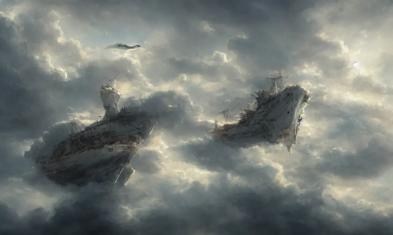 Image similar to a beautiful digital painting of a white ship merged in the clouds, birds flying in the sunlight, intircated tumultuous clouds, blue sky at sunset, elegant, highly detailed, artstation, concept art, matte, sharp focus, art by tom bagshaw, kelogsloops and greg rutkowski