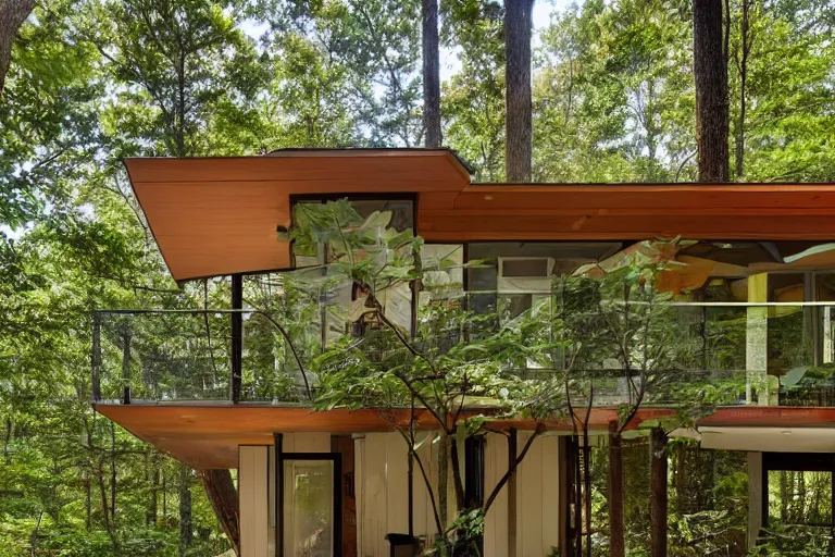 Prompt: mid - century modern home, three stories with a front porch and balcony, nestled into a clearing in a forest, light shining through the foliage