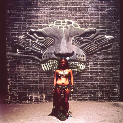 Prompt: empty street, female mayan jaguar warrior, portrait, at night, by nan goldin, cinematography by quetzalcoatl