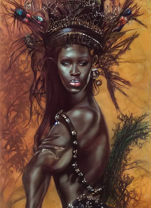 Prompt: portrait african princess, black iron crown, diamond shimmering dress, strong line, deep color, forest, beautiful! coherent! by boris vallejo, by brian froud