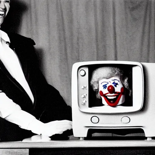 Image similar to photo of an 8 0's television with a president that has a clown face giving a speech