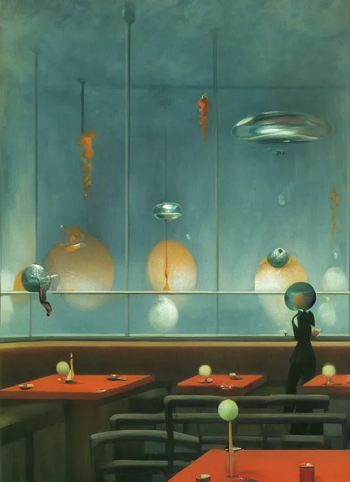 Prompt: spherical water people at underwater restaurant Edward Hopper and James Gilleard, Zdzislaw Beksinski highly detailed