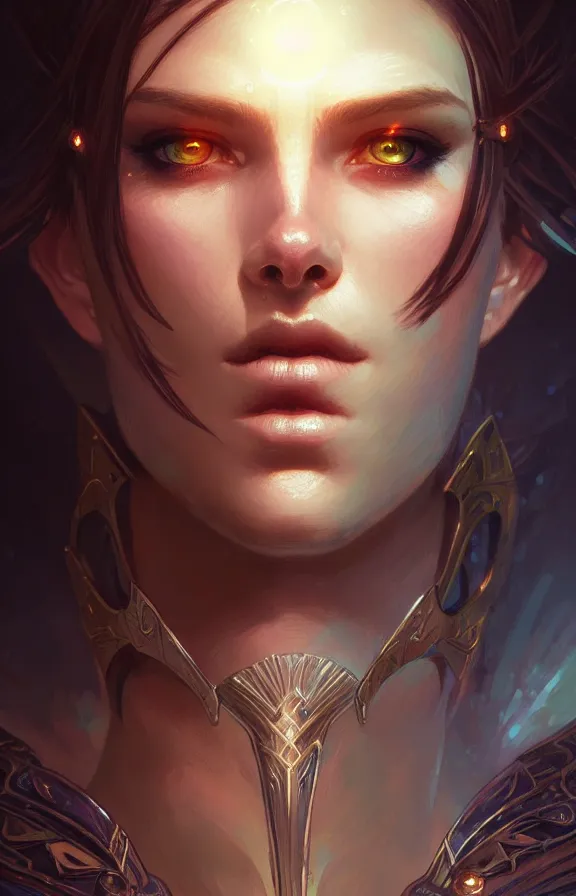 Image similar to Paladin face close-up macro in center, fantasy magic, undercut hairstyle, dark light night, intricate, elegant, sharp focus, illustration, highly detailed, digital painting, concept art, matte, art by WLOP and Artgerm and Greg Rutkowski and Alphonse Mucha, masterpiece