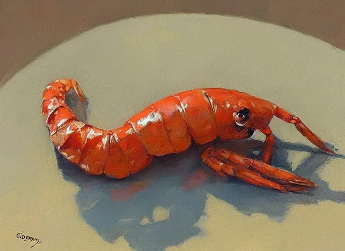 Image similar to “ a highly detailed beautiful portrait of an anthropomorphic shrimp, by gregory manchess, james gurney, james jean ”