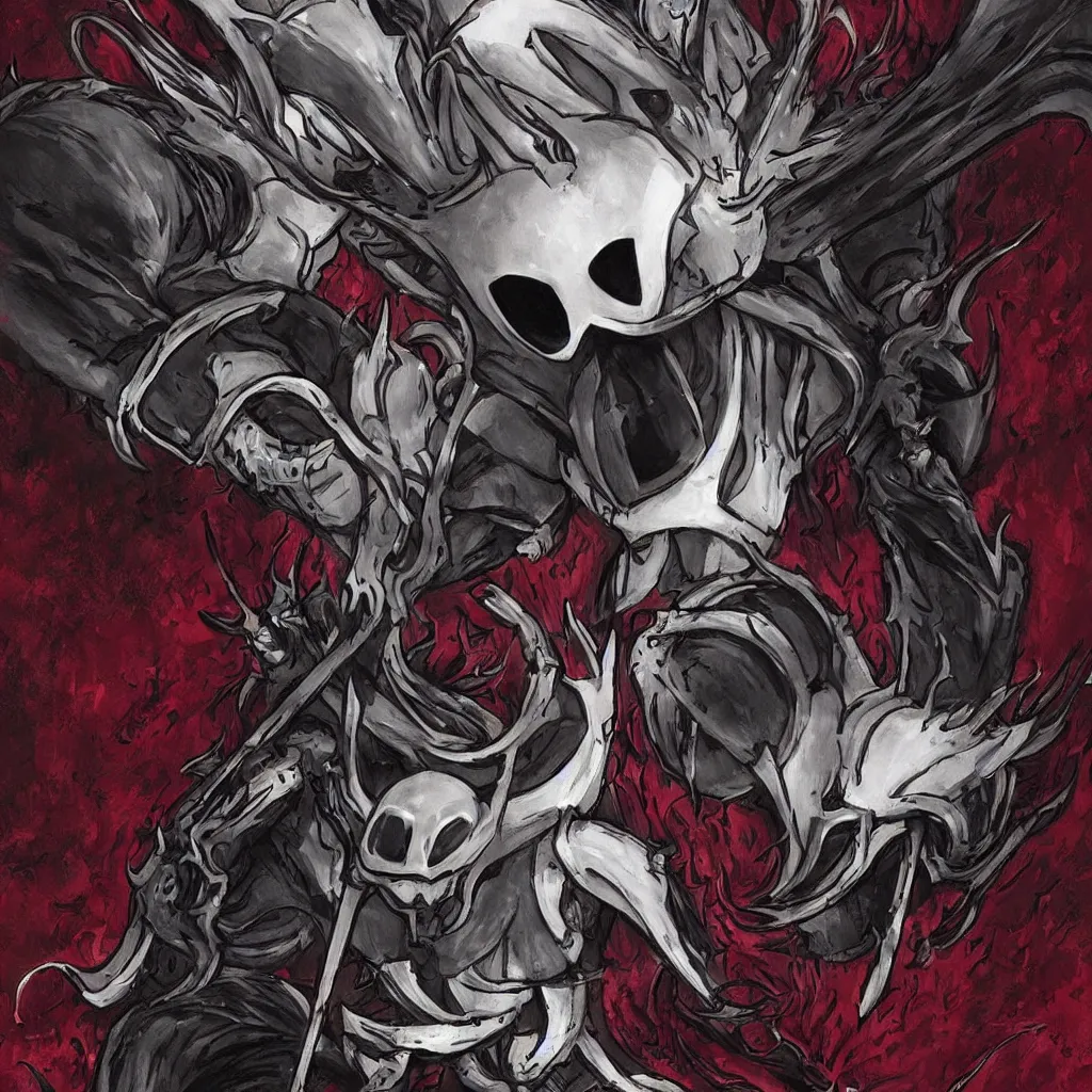 Prompt: hollow knight. Corrupted. High detail. Cover art. No text. High detail. Ominous. Sharp. Red