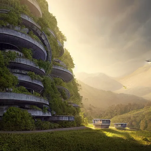 Image similar to vertical farm towers and sci - fi round buildings in a steep sided valley with trees, a sense of hope and optimism, hyper realistic, high res, 4 k, warm light, edouard groult, bynde, kirill leonov, isaac zuren