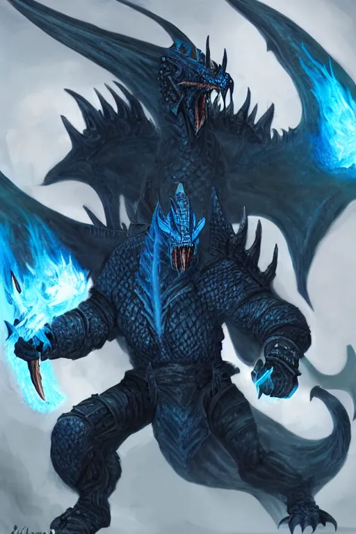 Prompt: a dark blue dragonborn with large tusks, half of his face flaming with blue flame, he wears a black dragon scales armor, D&D art