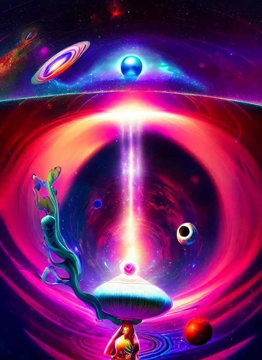 Image similar to psychedelic travelers, planets and mushrooms, psychedelic blackhole swirled imagery by artgerm, pablo amaringo, greg rutkowski, louis dyer visionary art. space art. lucien rudaux, cosmos, vivid colors, sharp edges. ultra clear detailed. 8 k. elegant, intricate, octane render