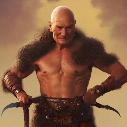 Image similar to a highly detailed matte portrait of patrick stewart as conan the barbarian, art by john collier and albert aublet and krenz cushart and artem demura and alphonse mucha, volumetric lighting, octane render, 4 k resolution, trending on artstation, masterpiece