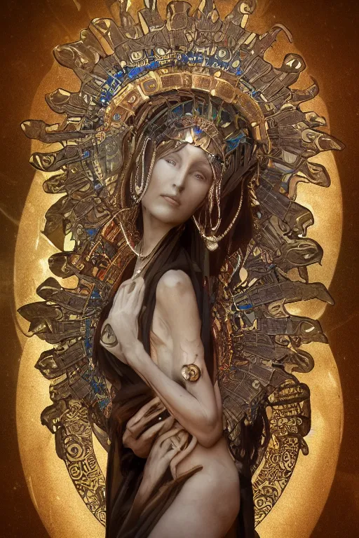 Image similar to a realistic dark photo of a beautiful ancient alien woman goddess in jewelery and fractals in style of alphonse mucha art nuvo dmt trending on artstation made in unreal engine 4