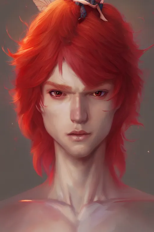 Image similar to fairy prince, red hair, highly detailed, d & d, fantasy, highly detailed, digital painting, trending on artstation, concept art, sharp focus, illustration, art by artgerm and greg rutkowski and fuji choko and viktoria gavrilenko and hoang lap