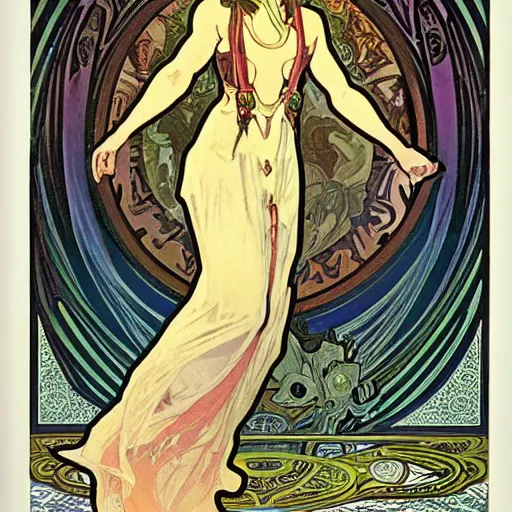 Image similar to female occult detective, painted by alphonse mucha