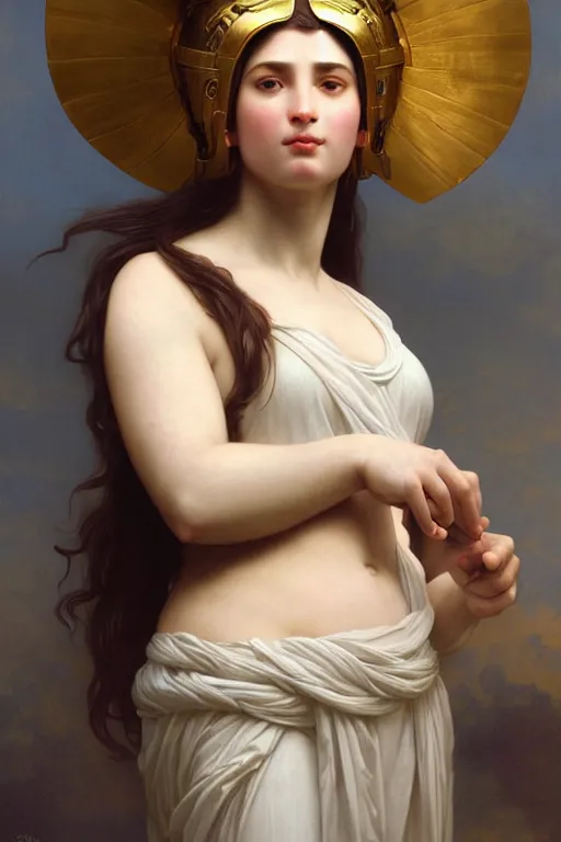 Image similar to soft light portrait of the beautiful chonky greek goddess, athena, wearing a corinthian helmet. wrapped in swirls in the air, soft light, digital art by ruan jia and mandy jurgens and artgerm and william - adolphe bouguereau, by jean - leon gerome, highly detailed, trending on artstation, award winning,