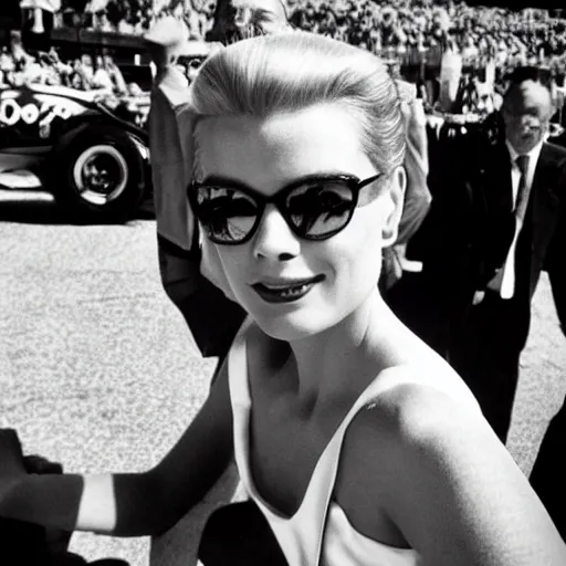 Image similar to selfie smartphone photo of a young Grace Kelly at the Monaco Gran Prix, F1 cars blurred in background, iphone photo, smartphone resolution, trending on instagram, influencer photography