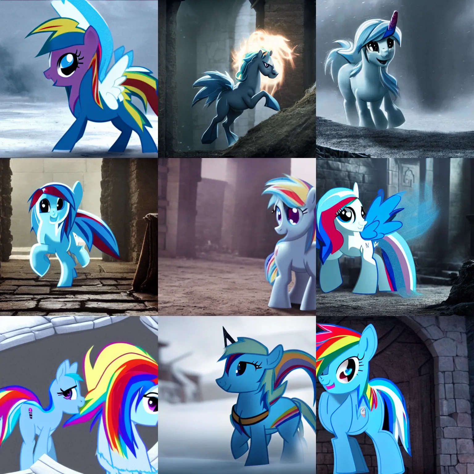 Prompt: cinematic still of rainbow dash in game of thrones, blueray