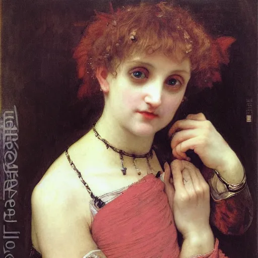 Image similar to a renaissance oil painting close shot face portrait by alma tadema of a demon vampire fangs beautiful woman touching neck, sapphire jewellery, colourful pastel, detailed academic bouguereau, sharp focus, high contrast studio lighting