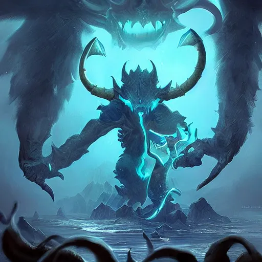 Image similar to water monster spirit blue shadow fiend from dota 2, dnd style, epic fantasy game art, by Greg Rutkowski, hearthstone artwork