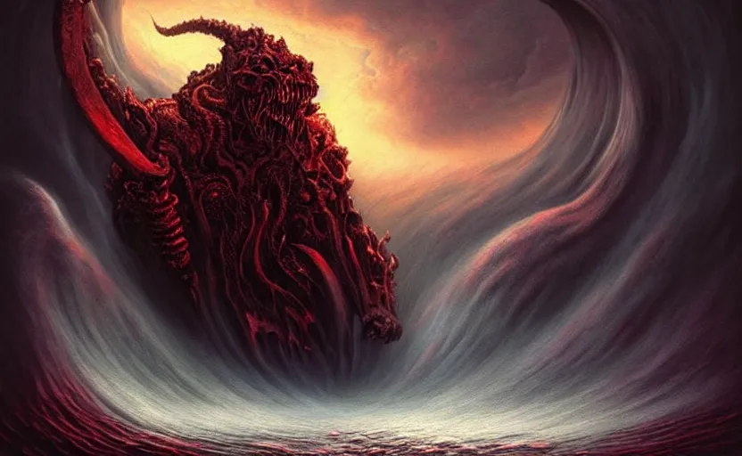 Image similar to beautiful digital fantasy illustration of a demon holding a staff!!, hellish background, a giant wave in the sky, apocalypse art!!!!, apocalypse landscape!!!!!, lovecraftian!!, cosmic horror!!!, concept art by Jarosław Jaśnikowski, a detailed matte painting by Dan Luvisi, cgsociety, fantasy art, highly detailed, soft lighting, rendered in octane, masterpiece, very very very aesthetic