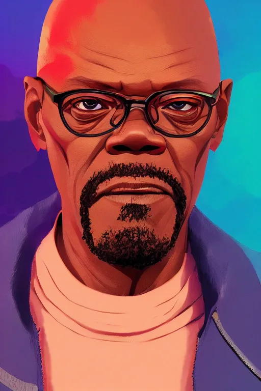 Image similar to portrait samuel l. jackson, sunset background, rich vivid colors, ambient lighting, dynamic lighting, 4k, official media, anime key visual, makoto shinkai, ilya kuvshinov, lois van baarle, rossdraws, detailed, trending on artstation