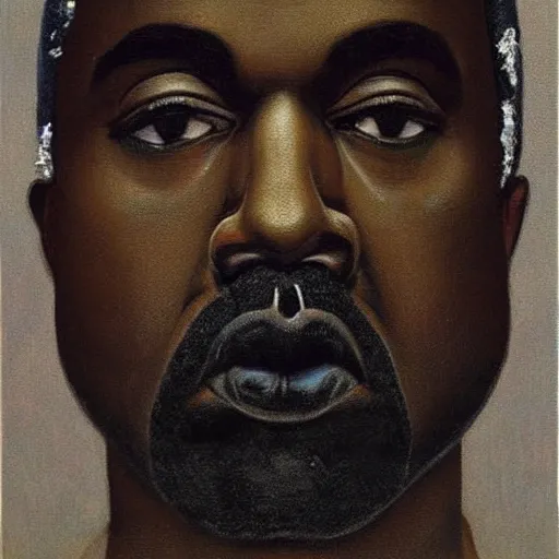 Image similar to very detailed portrait of kanye west's face. extreme close - up. painted by rene magritte, 1 9 2 7. oil on canvas.