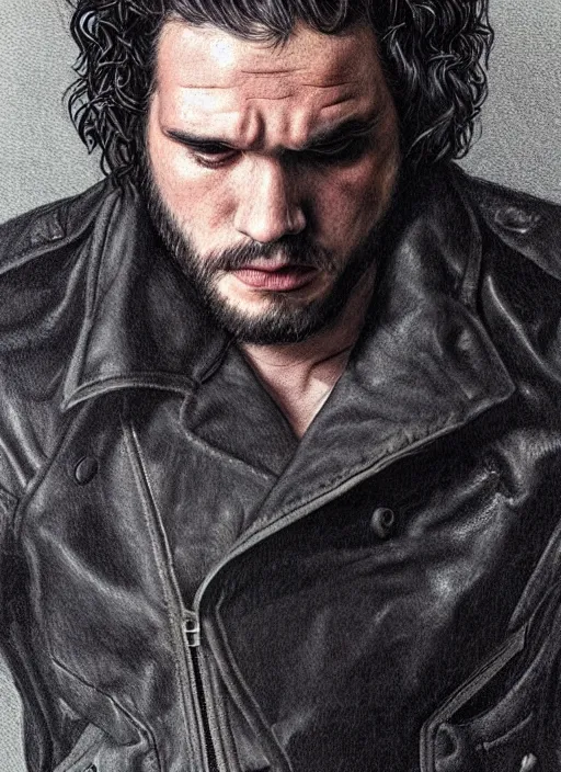 Image similar to portrait of kit harrington, gritty, dark, wearing a leather jacket, hairy chest, very detailed eyes, hyperrealistic, very detailed painting by Glenn Fabry, by Joao Ruas, by Artgerm