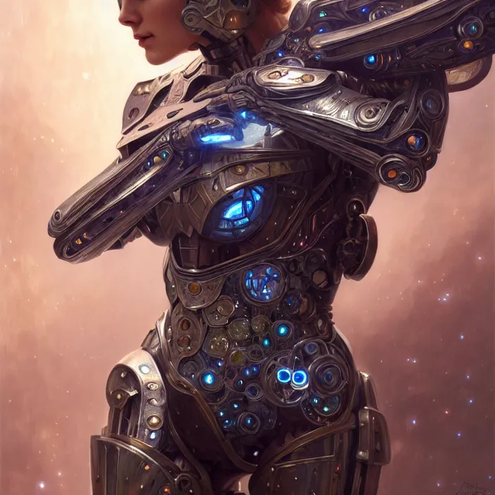 Image similar to organic cyborg with armor made of starlight, diffuse lighting, fantasy, intricate, elegant, highly detailed, lifelike, photorealistic, digital painting, artstation, illustration, concept art, smooth, sharp focus, art by john collier and albert aublet and krenz cushart and artem demura and alphonse mucha