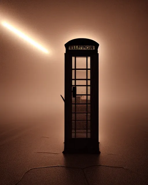 Image similar to an old telephone booth at the end of the universe at night, film grain, misty, moody, sinister, ambient lighting, cinematic color grading, 8 k render, hyper realistic, ultra hd, unreal engine 5 render
