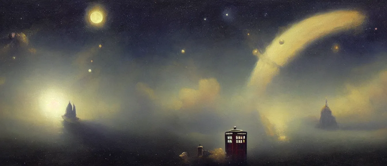 Prompt: A beautiful painting of a TARDIS from Doctor Who flying in milky way with moon by Ivan Konstantinovich Aivazovsky, Trending on artstation