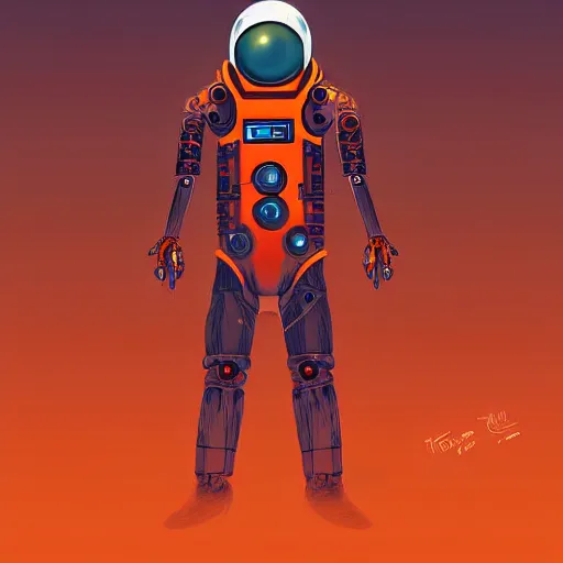 Image similar to Concept character art, man wearing scifi robotic space suit, red and orange, digital art