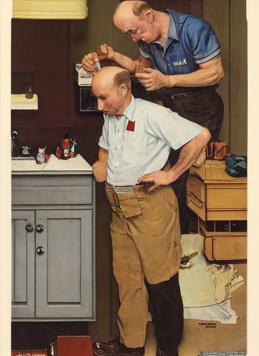 Image similar to a balding white man,, slim, wearing plumber uniform, norman rockwell painting, fixing sink