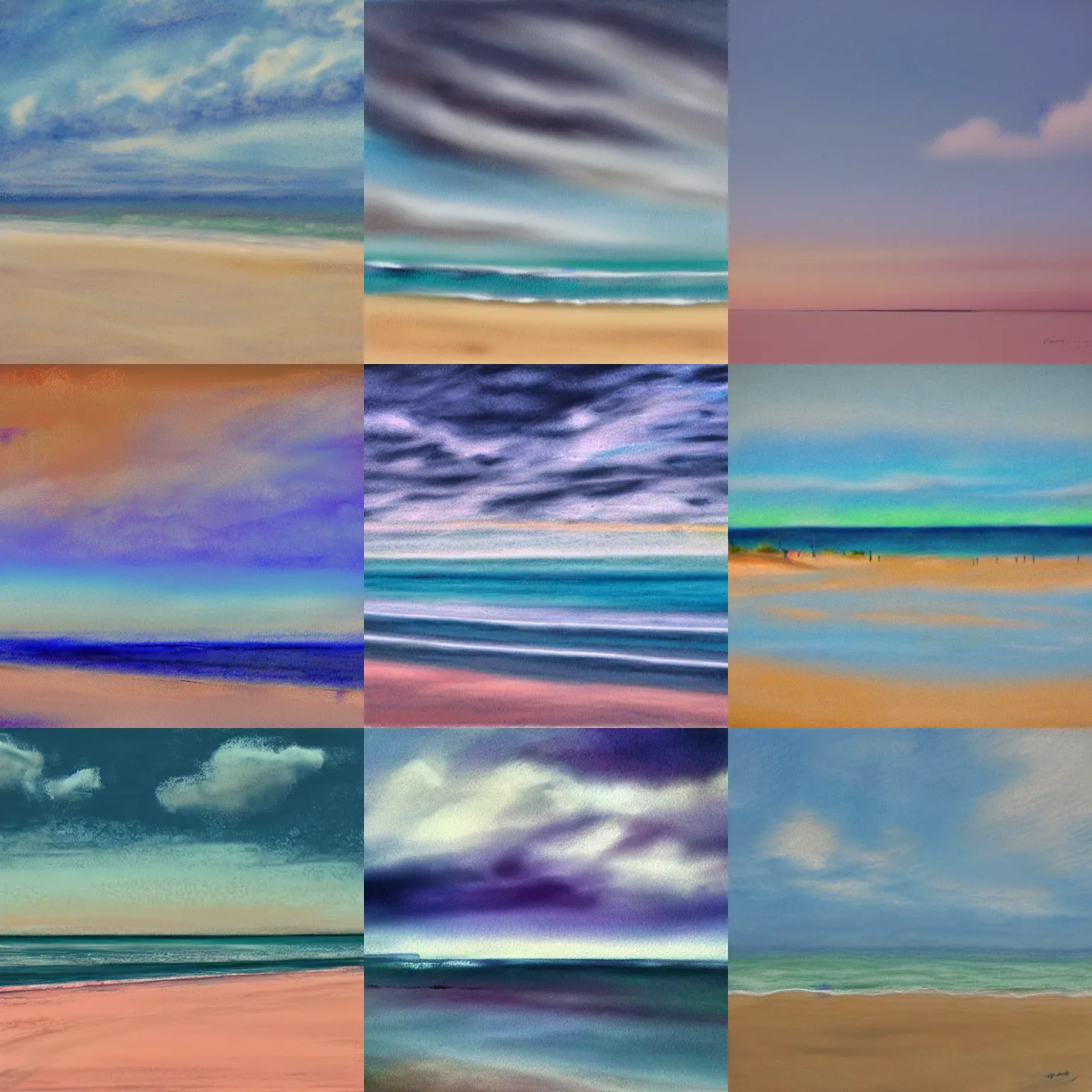 Prompt: landscape of the beach, clouds, day ; pastel tones, dark colors, clear lines