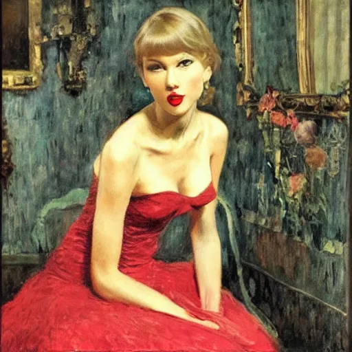 Prompt: Taylor Swift singing to her reflection, mirror, 1950s, modest, elegant clothing, tiara, mild impressionism, award winning, photorealistic, by Ilya Repin