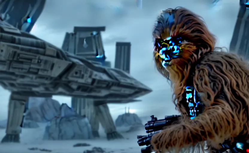 Prompt: still image screenshot portrait of han solo defending wookies on mandalore, from the tv show mandalorian on disney +, scene in front of a strange building, moody mining planet, at - at imperial walkers, invading kashyyyk, anamorphic lens, hyper detailed 4 k imax
