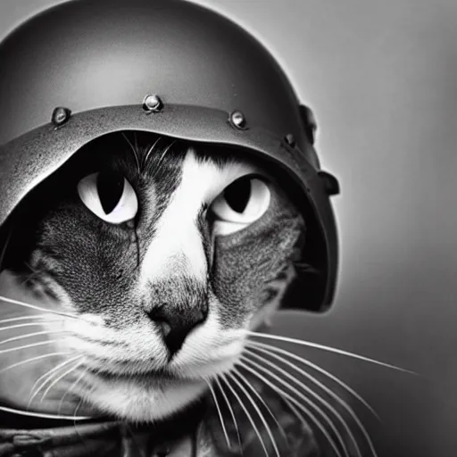 Prompt: Close up of a cat wearing soldier helmet in the battle, ww2 historical photography, black & white, photorealistic, high detailed