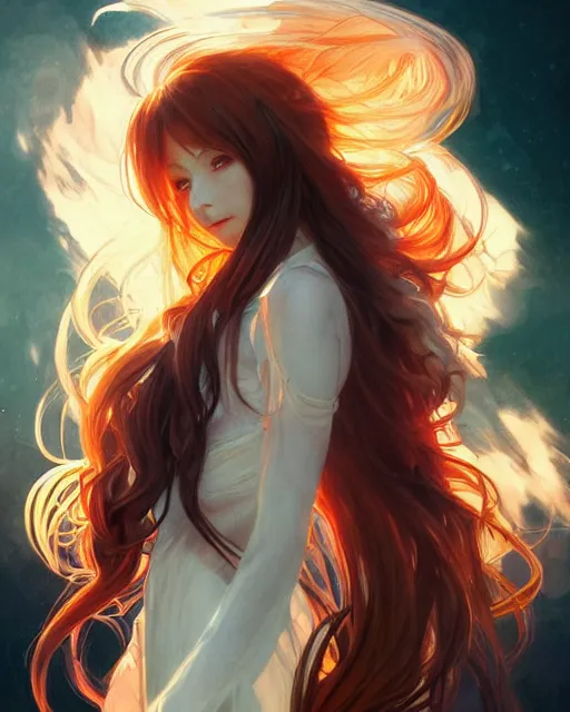 Image similar to beautiful long haired anime girl, fire dress, flames everywhere, highly detailed, digital painting, artstation, concept art, smooth, sharp focus, illustration, art by artgerm and greg rutkowski and alphonse mucha