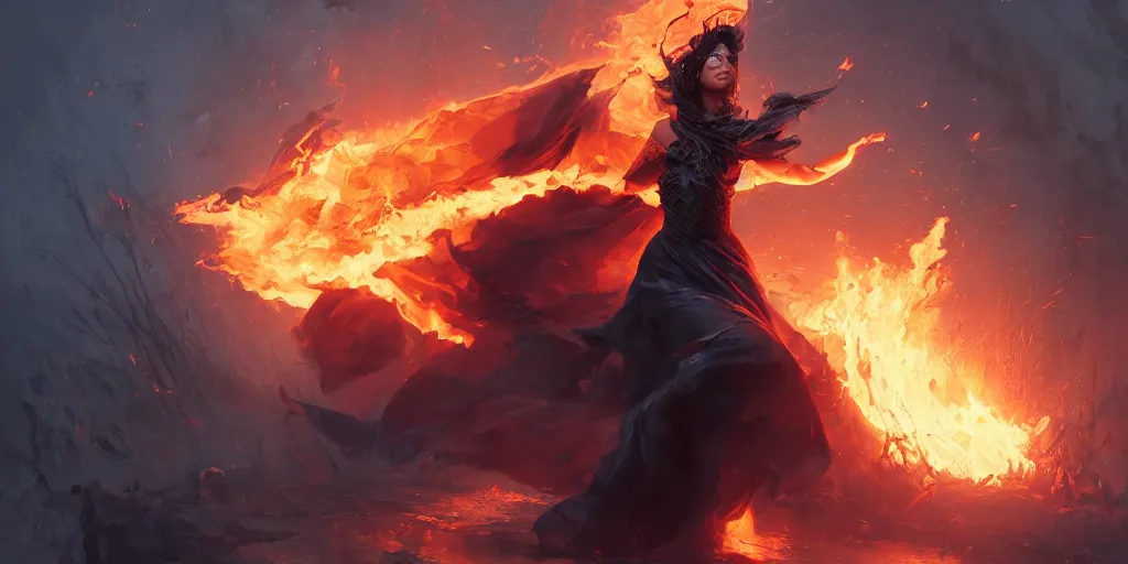 Prompt: The curvaceous black clothed sorceress casting a fire spell with her hands, Darek Zabrocki, Karlkka, Jayison Devadas, Phuoc Quan, trending on Artstation, 8K, ultra wide angle, pincushion lens effect.