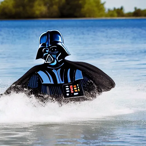 Prompt: darth vader riding in a bumper boat having fun